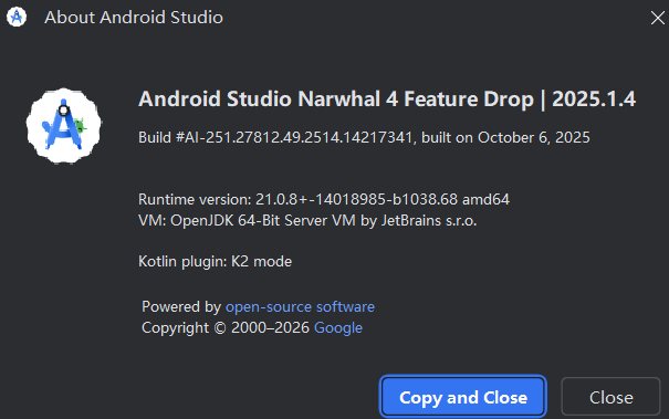 图:Android Studio About 对话框,显示版本信息